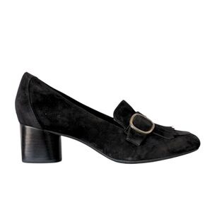 Clarks‎ Women’s Un Cosmo Go Heeled Kiltie Loafer in Black Suede Leather Size 10
